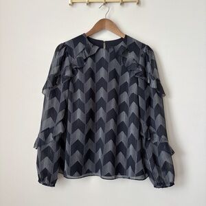 Ted Baker Mowenna Black Chevron Ruffle Blouse Sz 2 Medium